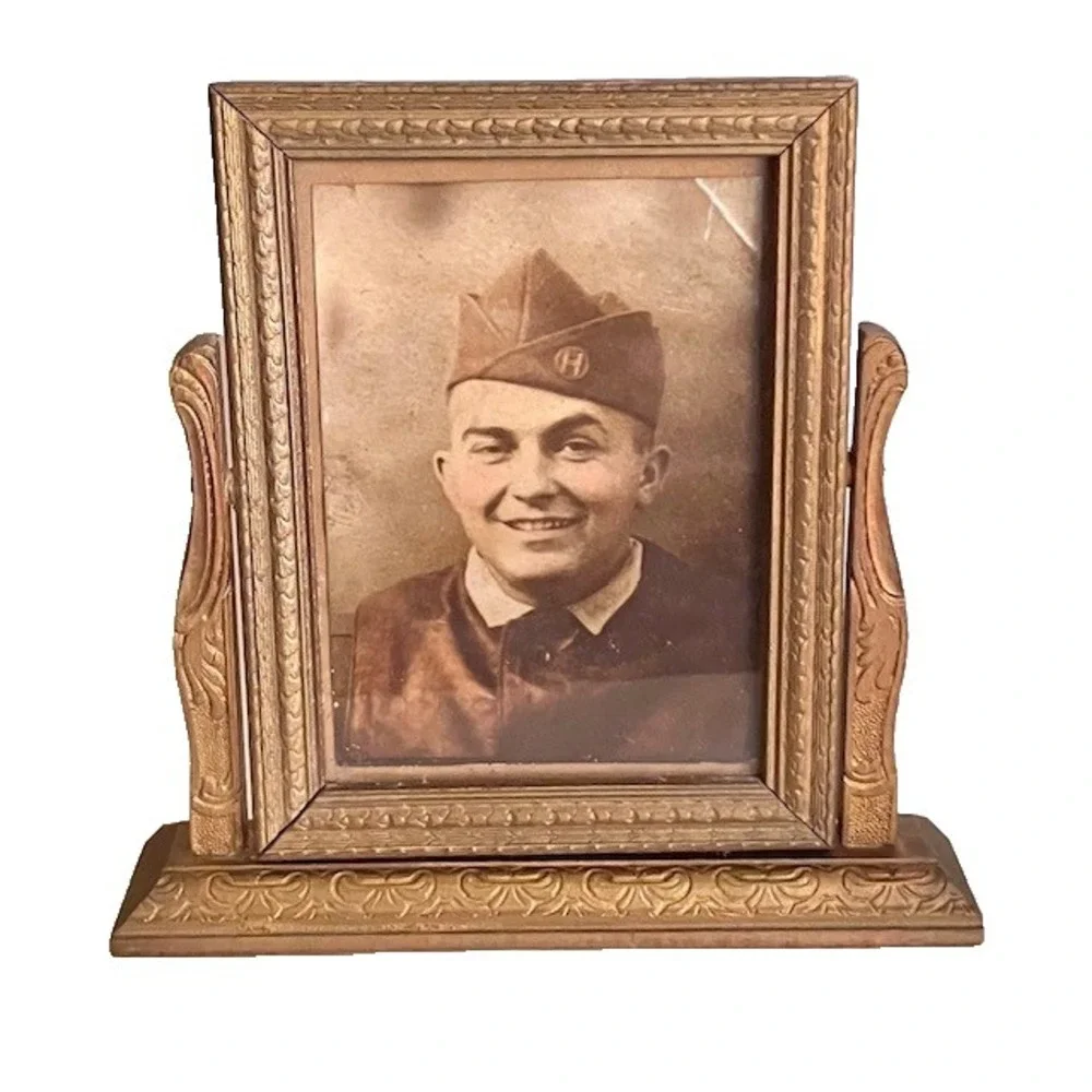 Antique Art Deco Wood Tabletop Swivel Swing Tilt Picture Frame Military Soldier